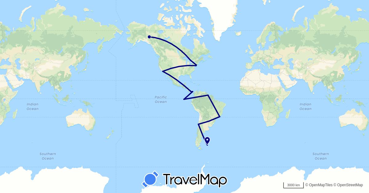 TravelMap itinerary: driving in Brazil, Canada, Chile, Ecuador, Falkland Islands, Guyana, Panama, United States (North America, South America)